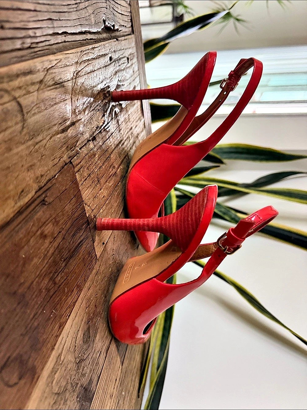 Coach- Lilly Patent Leather Pointed-Toe Slingback Heels in Coral w/wooden heel - Picture 4 of 9